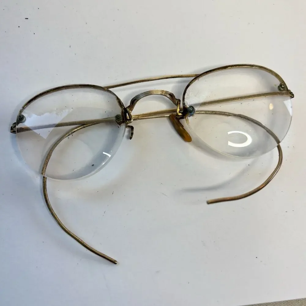 Antique Bausch & Lomb 1/10 12K GF Rimless Round Eyeglasses Bifocals w Case